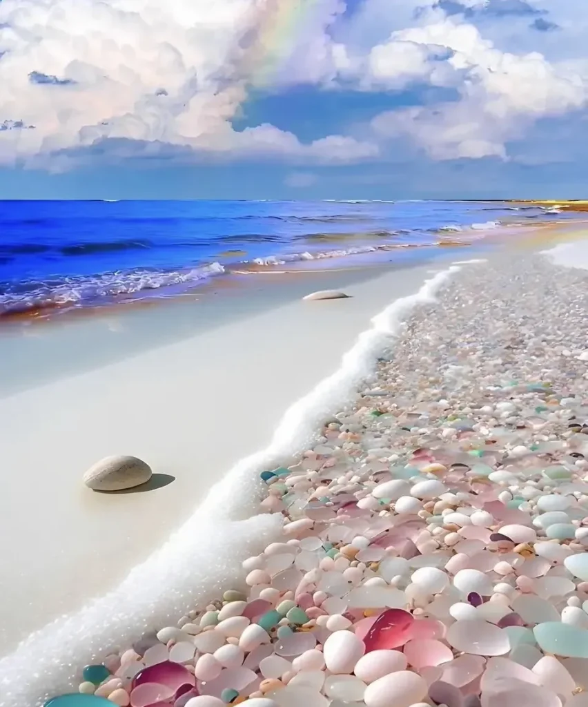 Pebbles along a beach with a rainbow