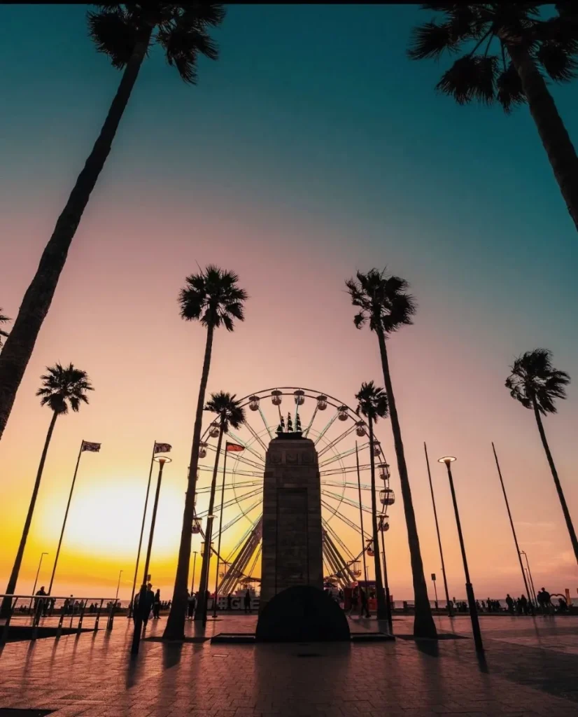 Glenelg at sunset with palm trees and ferris wheel