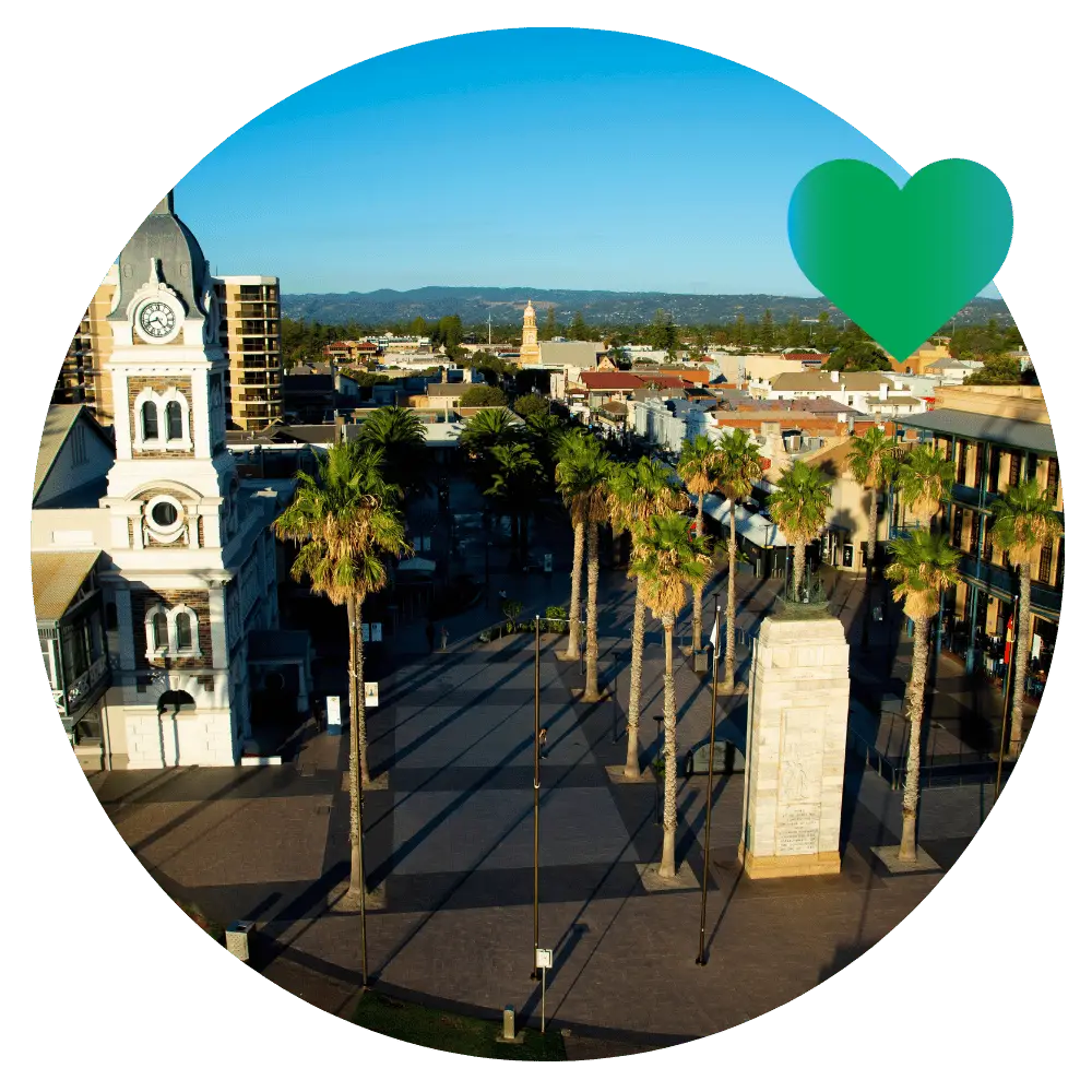 View of Glenelg from above showing palm trees and main square